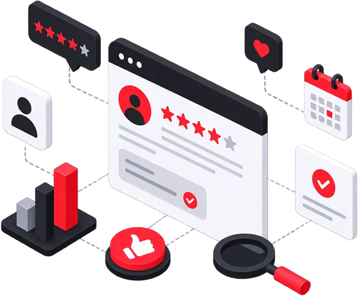 Illustration 3D des avis clients récents : notes cinq étoiles, recommandations et suivi de la réputation en ligne d'une entreprise