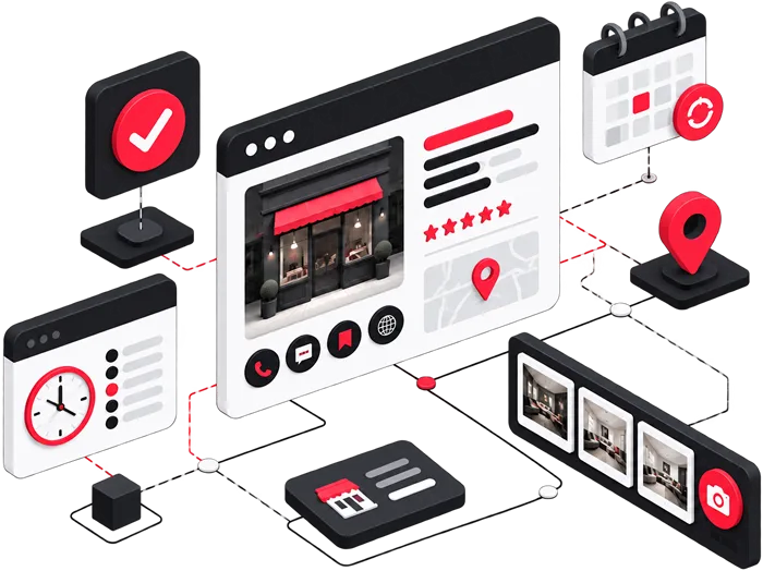 Illustration 3D d'une fiche établissement complète et à jour : coordonnées, photos, horaires et localisation sur Google