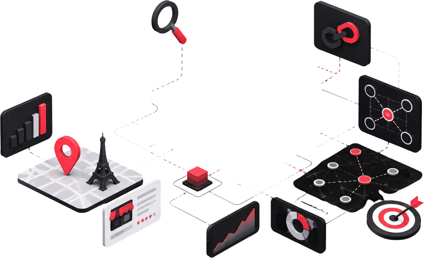 Illustration 3D d'une stratégie de référencement global : positionnement local, visibilité sur les moteurs de recherche et maillage de liens