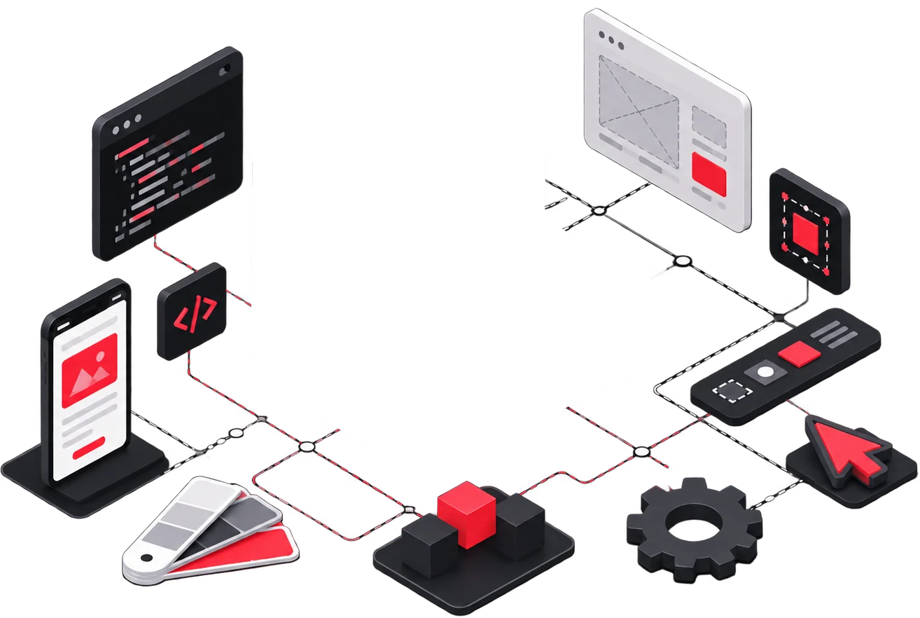 Illustration 3D de la création d'un site internet : maquette web, responsive design, code et outils graphiques sur un ordinateur portable