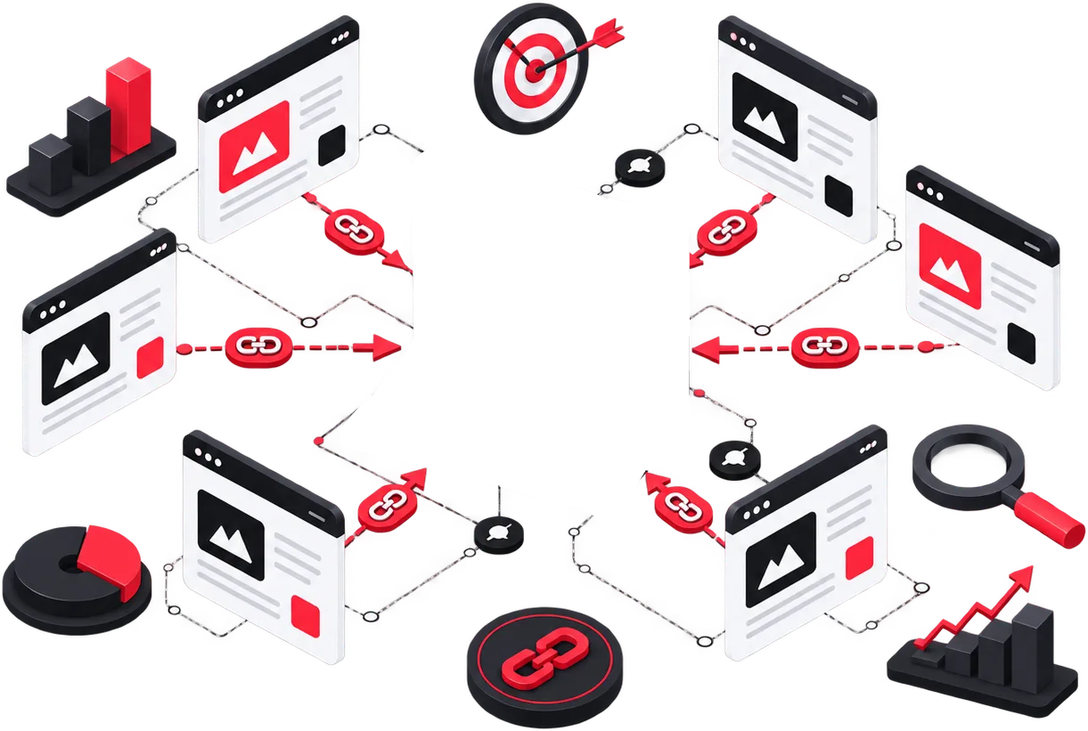 Illustration 3D d'une stratégie de netlinking : réseau de liens entrants pointant vers un site pour renforcer sa visibilité SEO