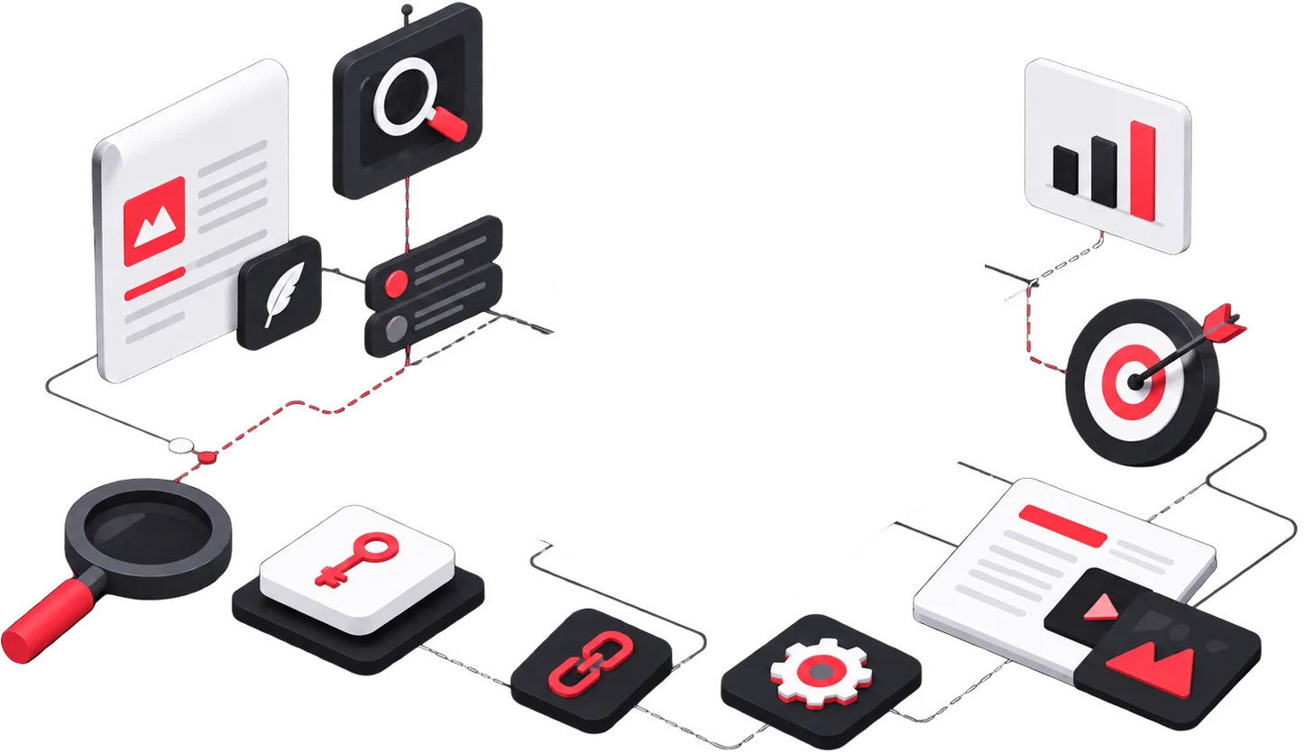 Illustration 3D de la rédaction SEO : création d'articles optimisés pour les moteurs de recherche avec mots-clés et structure éditoriale
