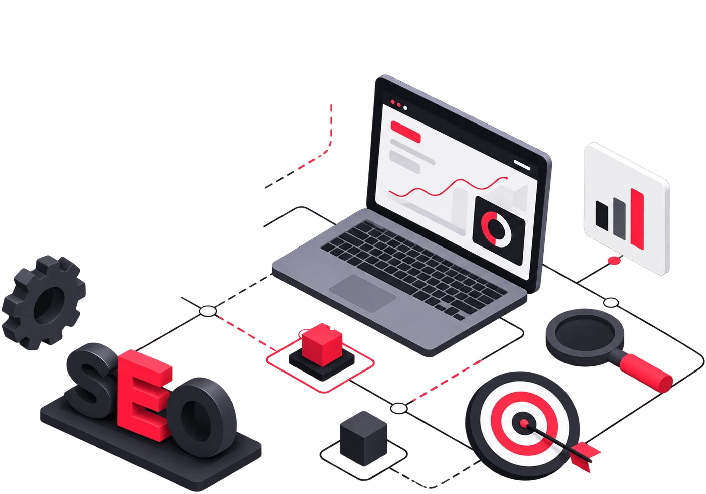 Illustration 3D d'un ordinateur portable affichant des statistiques SEO en croissance, symbole d'une stratégie de référencement performante