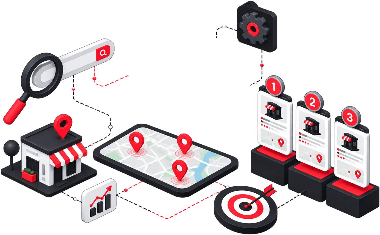 Illustration 3D du référencement local SEO : positionnement d'une entreprise sur une carte et dans les résultats de recherche à proximité