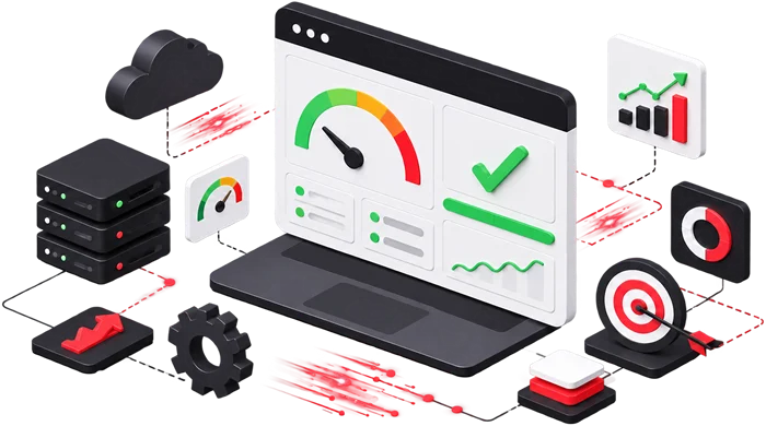Illustration 3D de la performance technique d'un site web : vitesse de chargement optimisée, indicateurs de qualité et statistiques en hausse