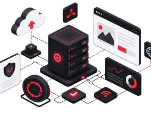 Illustration 3D d'un serveur d'hébergement web sécurisé avec sauvegarde cloud, surveillance et disponibilité du site