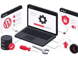 Illustration 3D de la maintenance web : mises à jour WordPress, sauvegardes, sécurité et optimisation technique du site