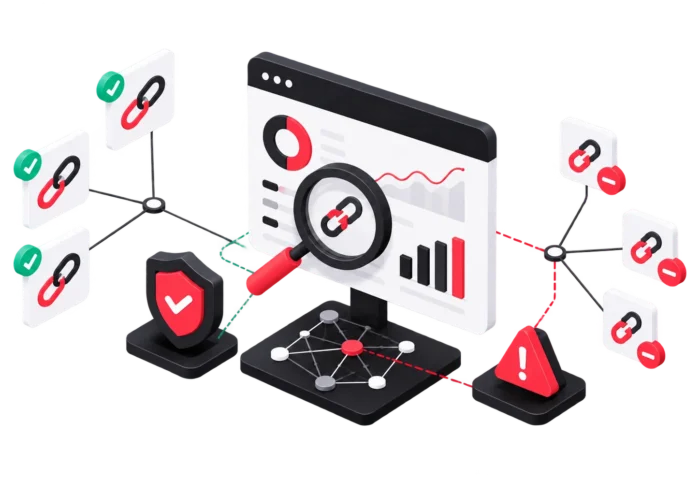 Illustration 3D d'une analyse SEO des liens : backlinks sains validés en vert et liens toxiques signalés en rouge sur un tableau de bord d'audit