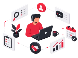 Illustration 3D d'un consultant SEO dédié au casque, travaillant sur un ordinateur portable entouré d'indicateurs de suivi client