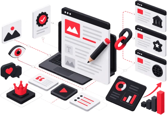Illustration 3D de la création de contenu pour le netlinking : rédaction d'articles de qualité générant des liens depuis des sites de référence