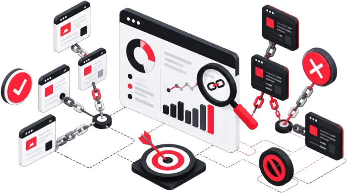 Illustration 3D de l'étude du profil de liens d'un site : analyse des backlinks entrants, validation et détection des liens à risque