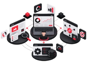 Illustration 3D représentant une expertise SEO à 360 degrés : analyse, netlinking, technique et reporting autour d'un consultant