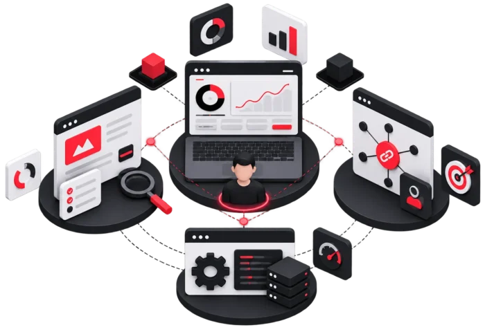 Illustration 3D représentant une expertise SEO à 360 degrés : analyse, netlinking, technique et reporting autour d'un consultant