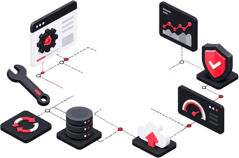 Illustration 3D de la maintenance de site internet : suivi technique, sécurité, sauvegardes et performance sur un ordinateur portable
