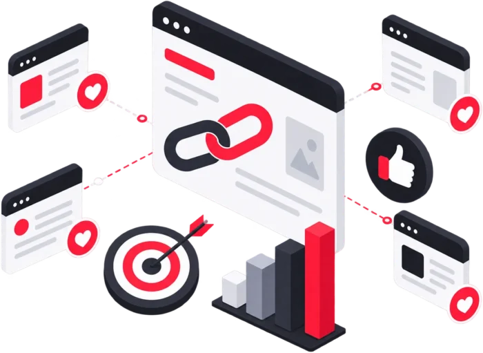 Illustration 3D comparant le link earning et le link building : liens naturels obtenus par la qualité du contenu face à des liens construits activement