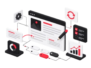 Illustration 3D de l'optimisation de contenu existant : mise à jour éditoriale, ajustements techniques et amélioration des performances