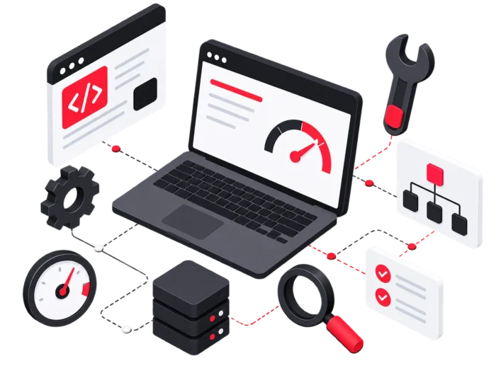 Illustration 3D de l'optimisation technique SEO : vitesse de chargement, structure du site et code optimisé sur un ordinateur portable