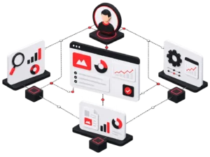 Illustration 3D d'une organisation SEO transparente avec suivi de projet, reporting et collaboration autour d'un consultant