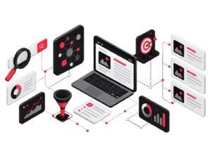 Illustration 3D d'une rédaction fondée sur un travail de recherche en amont : analyse sémantique, ciblage et structuration du contenu