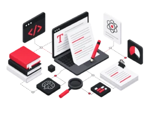 Illustration 3D de la rédaction technique et spécialisée : recherche documentaire, expertise sectorielle et rédaction d'articles de qualité