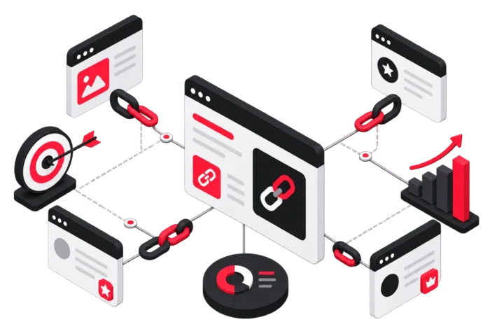 Illustration 3D d'un réseau de netlinking SEO reliant plusieurs pages web par des liens pour renforcer l'autorité du site